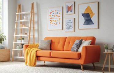 Bright orange sofa with decorative pillows in a modern living room featuring art and plants