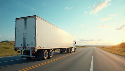 White truck on a wide U.S. highway with blank trailer ready for branding or text.






