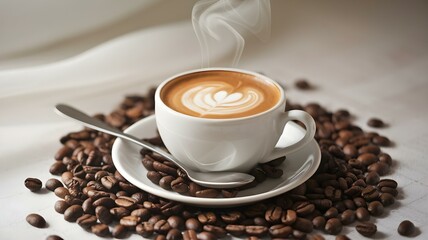 Fototapeta premium Inviting Cup of Coffee with Latte Art Surrounded by Coffee Beans, Perfect for Promoting Cafés, Coffee Shops, and Gourmet Beverage Products