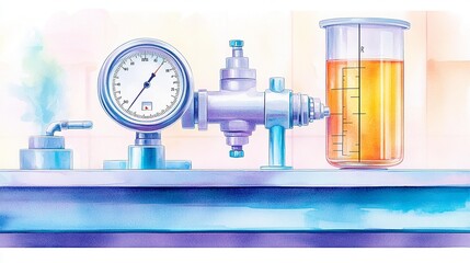 Laboratory equipment with pressure gauge and beaker on a workbench, white isolate background.