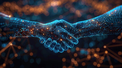 Abstract handshake on blue vector illustration or background, abstract cyber technology background, network security, partnership, investor, partner, financial, connection concept