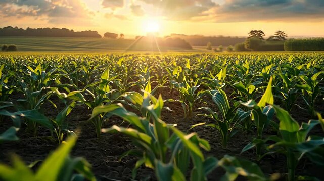 A field of corn stalks basks in the golden light of the setting sun