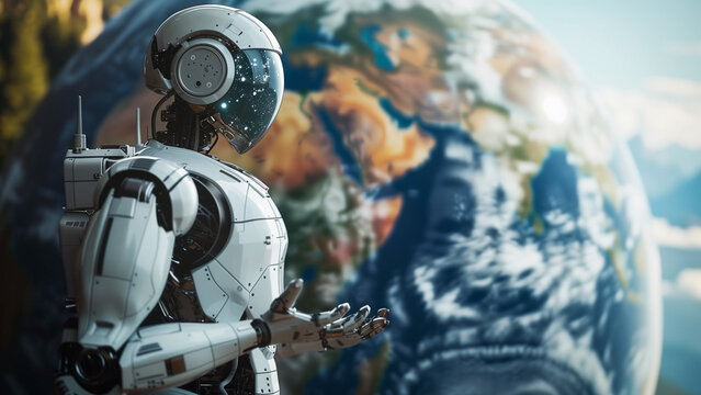 Advanced artificial intelligence robot in pristine white, symbolising the future of the world. Advance technology that will rule the world