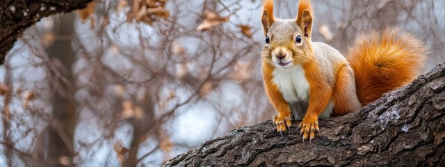 Fototapeta premium Cute Squirrel Perched on Tree Branch Eating Acorn in Autumn Forest