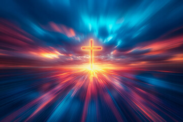 Fototapeta premium Majestic cross glowing in golden light amidst storm clouds and radiant peacefulness