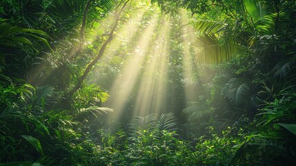 Fototapeta premium Sunbeam amidst lush greenery; rays filtering through leaves