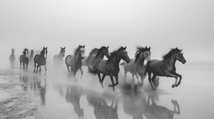 In black and white, a herd of wild horses running on the sandy beach. A group of horses galloping through the water on seashore.