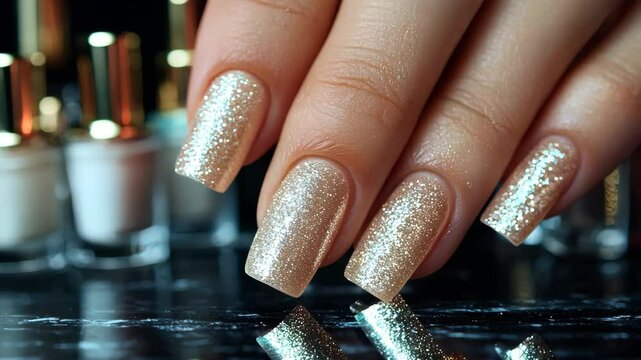 Close-up of a woman's colorful, glittery nails, holding a row of vibrant nail polish bottles