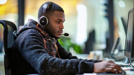 A disability support hotline operator providing assistance over the phone, focused and empathetic
