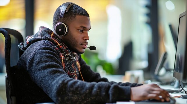 A disability support hotline operator providing assistance over the phone, focused and empathetic