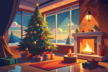 Cozy Festive Interior with Christmas Tree and Fireplace