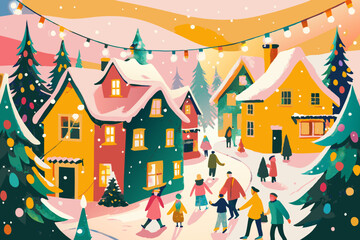 Obraz premium Enchanting Winter Village Scene with Festive Decorations and Snow
