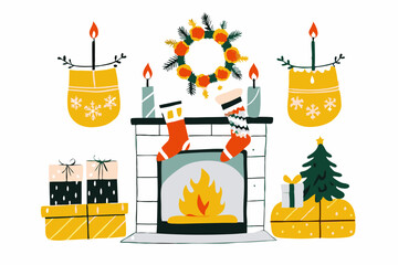 Festive Christmas Fireplace Decor with Stockings and Gifts