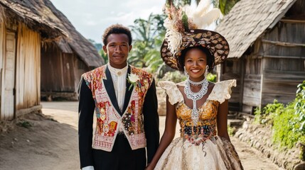 Authentic Malagasy Wedding Couple in Ornate National Attire, Captured in Charming Island Village Setting