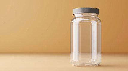 Clear glass jar with a gray lid on a subtle beige background.
