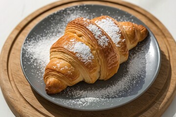 A medium shot of a plate with a freshly baked croissant sprinkled with powdered sugar