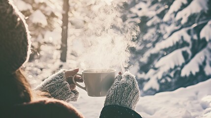   A person sipping hot chocolate in a snowy forest surrounded by tall trees