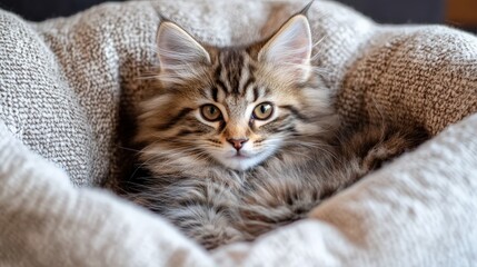 Cute kitten relaxing in a cozy knitted bed, showcasing its fluffy fur and attentive gaze, perfect for animal and pet lifestyle imagery.