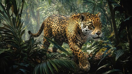 Jaguar walking through lush jungle greenery, AI Generation
