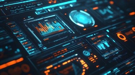 Obraz premium Futuristic Interface with Glowing Blue and Orange Digital Data