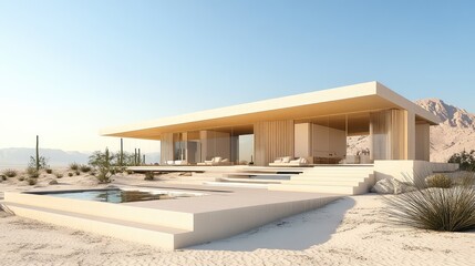 Elegant desert villa with a minimalist design, surrounded by vast, sandy landscapes