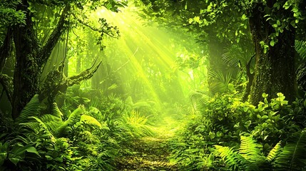 Obraz premium A verdant forest brimming with myriad trees & flora, encompassing a dusty path amidst its heart
