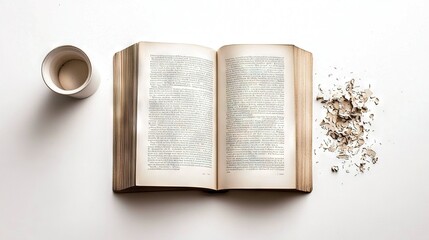 Obraz premium An open book rests atop a white table, alongside cups of coffee and tea