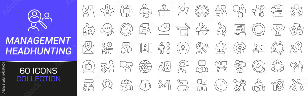 Poster Management and headhunting line icons collection. Thin outline icons pack. UI icon collection. Set of line web pictogram