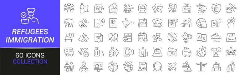 Refugees and immigration line icons collection. Thin outline icons pack. UI icon collection. Set of line web pictogram