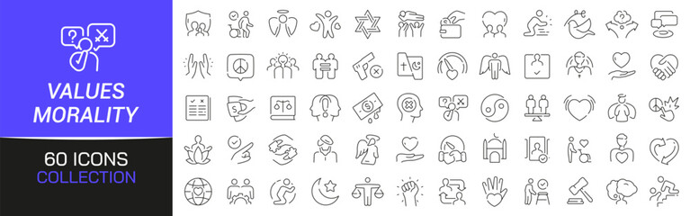 Values and morality line icons collection. Thin outline icons pack. UI icon collection. Set of line web pictogram