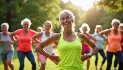 Elderly women exercise outdoors with a fitness instructor in a sunny, lively park scene.






