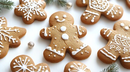Gingerbread cookies with classic decorations on a white background.