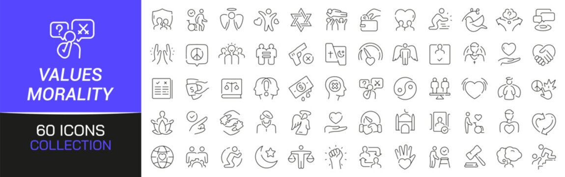 Values and morality line icons collection. Thin outline icons pack. UI icon collection. Set of line web pictogram