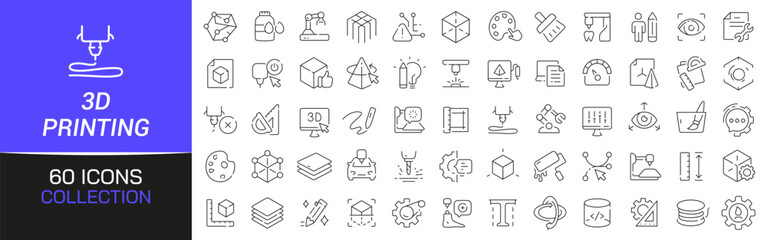 3d printing line icons collection. Thin outline icons pack. UI icon collection. Set of line web pictogram
