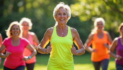 Fototapeta premium Elderly women exercise outdoors with a fitness instructor in a sunny, lively park scene.