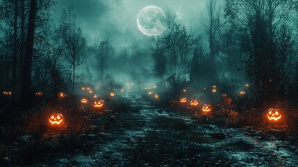 Obraz premium A haunting Halloween scene with Jack-o-lanterns glowing in the foreground and a full moon casting eerie light behind them