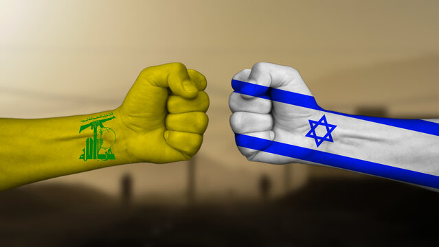 Israel against Hezbollah, two colored fists representing the two groups facing off