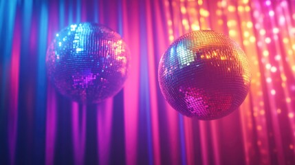 Disco or mirror ball featuring a rainbow against a vibrant colorful backdrop with lights Represents a music and dance party atmosphere embodying a trendy retro 80s and 90s theme