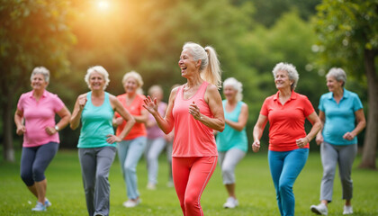 Obraz premium Elderly women exercise outdoors with a fitness instructor in a sunny, lively park scene.