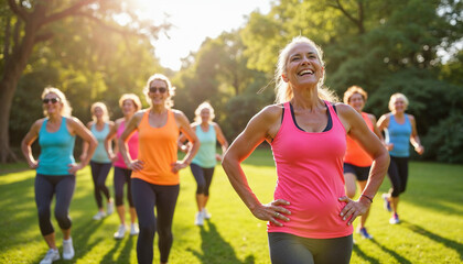 Elderly women exercise outdoors with a fitness instructor in a sunny, lively park scene.






