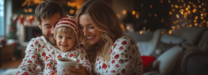 A joyful family enjoying hot cocoa together, dressed in festive pajamas, surrounded by holiday decorations and warm lights.
