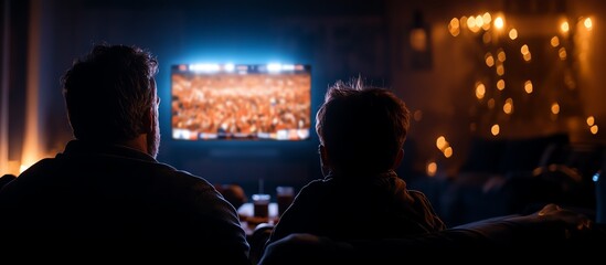 A cozy moment shared between a parent and child, enjoying a movie night in a warmly lit living room.