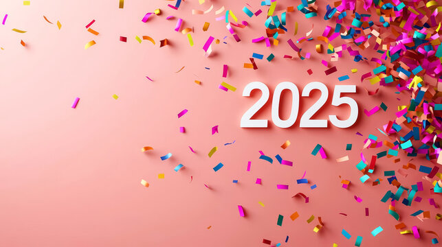 Colorful confetti scattered around the year 2025 on a pink background.