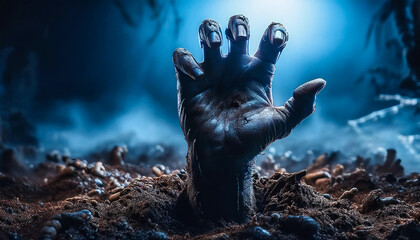 Halloween party poster. Hand coming out of the ground 
