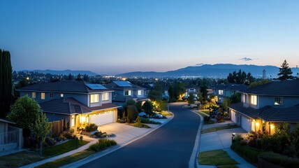 Fototapeta premium A serene suburban street illuminated at dusk, showcasing homes, gentle curves, and distant hills under a twilight sky.