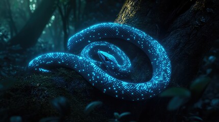 Fototapeta premium Bioluminescent robotic snake coiled around a tree trunk , glowing in the darkness of the forest
