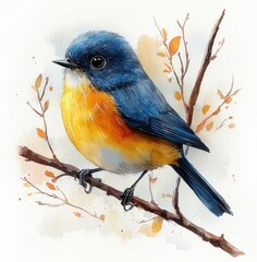 Naklejka premium Watercolor illustration of a small blue and yellow bird perched on a branch with a soft, blurred background Generative AI
