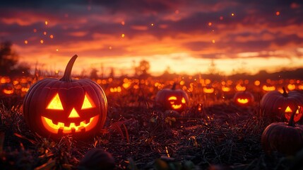Fototapeta premium Jack-o'-lantern pumpkins fill a field, with a sunset in the background and clouds in the sky