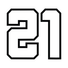 21 Classic Vintage Sport Jersey Uniform numbers in black with a black outside contour line number on white background for American football, Baseball and Basketball or soccer for shirt