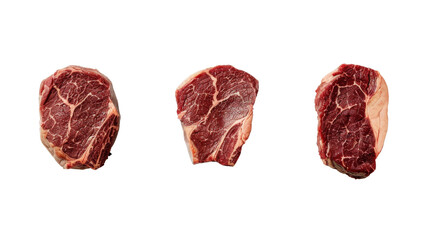 Fresh cuts of marbled beef steak displayed on black background, showcasing rich textures and colors that highlight their quality and freshness